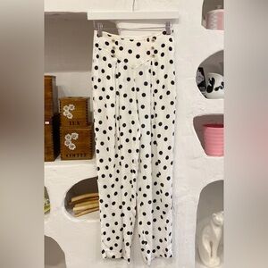 Vintage High Waisted White Pants with Black Polka Dots and Faux Button Detail